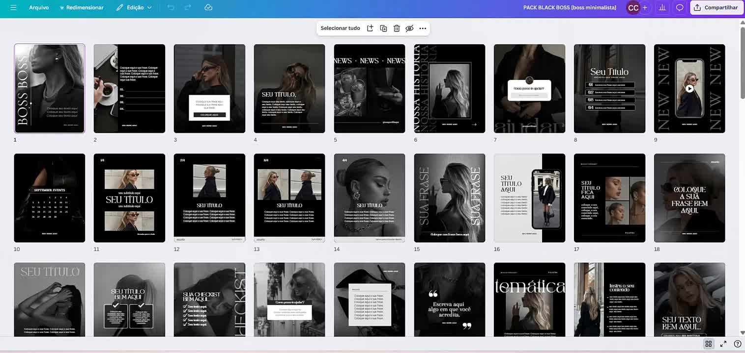 Plantillas del Pack Boss Minimalista abiertas en el editor de Canva